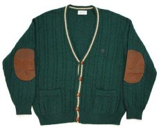画像1: 90s イタリア製 BENETTONベネトン 刺繍 ケーブル編み エルボーパッチ付き ウールニット カーディガン 緑 48 (1)