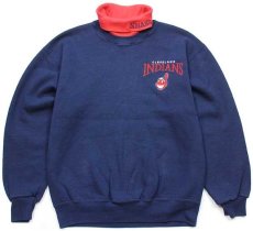 画像1: 90s USA製 CHALK LINE MLB CLEVELAND INDIANS刺繍 レイヤード タートルネック スウェット 紺×赤 M (1)