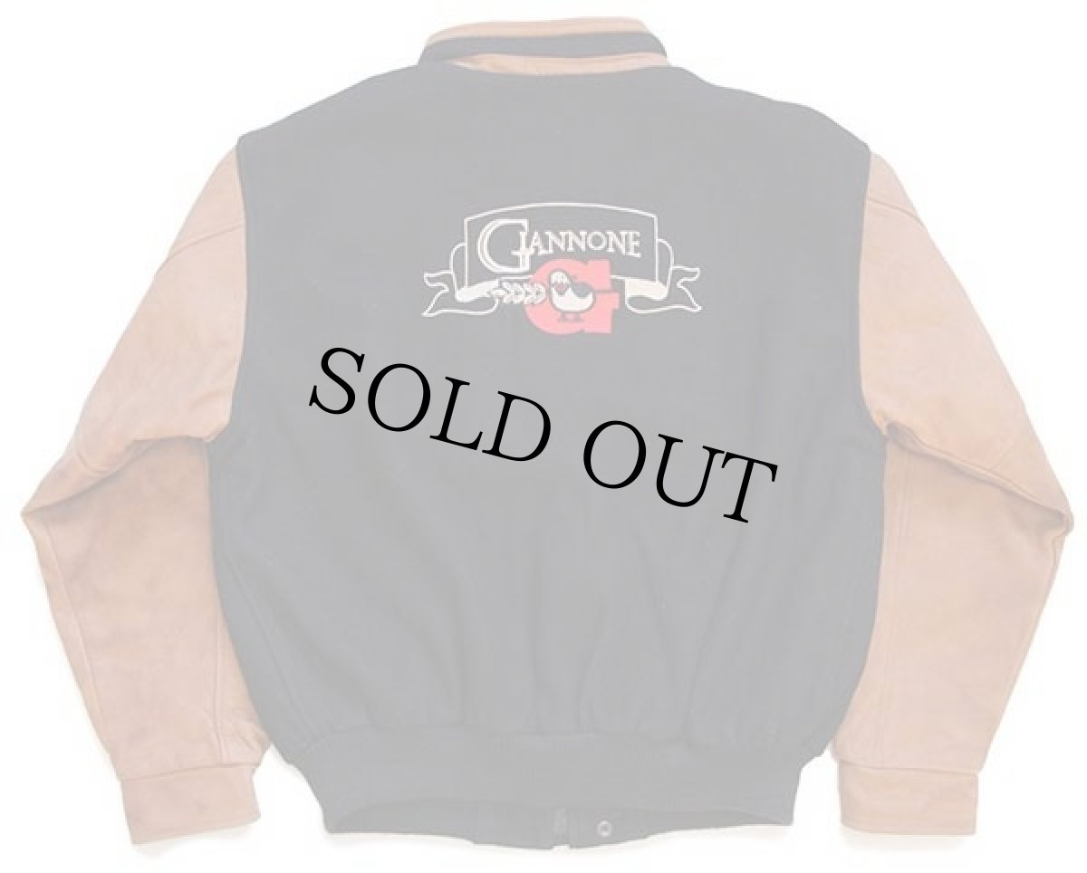 画像2: カナダ製 GIANNONE刺繍 スタンドカラー 中綿入り メルトン ウール 袖革スタジャン 黒×茶 L (2)