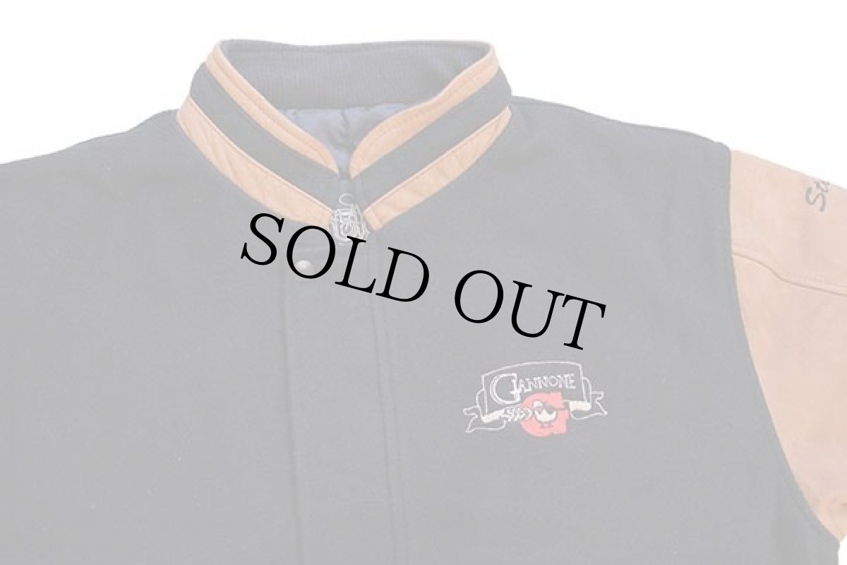 画像3: カナダ製 GIANNONE刺繍 スタンドカラー 中綿入り メルトン ウール 袖革スタジャン 黒×茶 L (3)