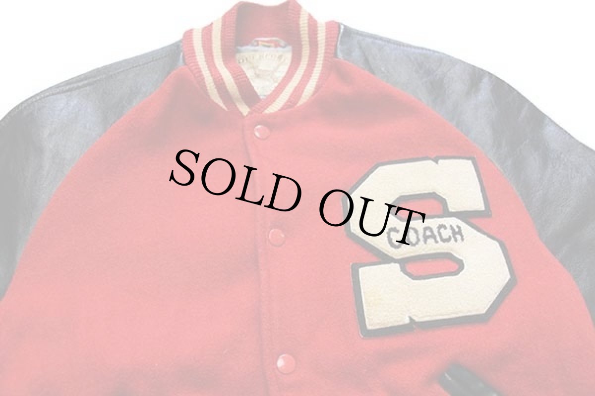 画像3: 60s USA製 DEERFOOT パッチ付き メルトン ウール 袖革スタジャン 赤×黒 42 (3)