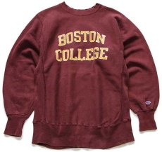 画像1: 90s USA製 Championチャンピオン BOSTON COLLEGE ひび割れプリント リバースウィーブ スウェット バーガンディ L (1)