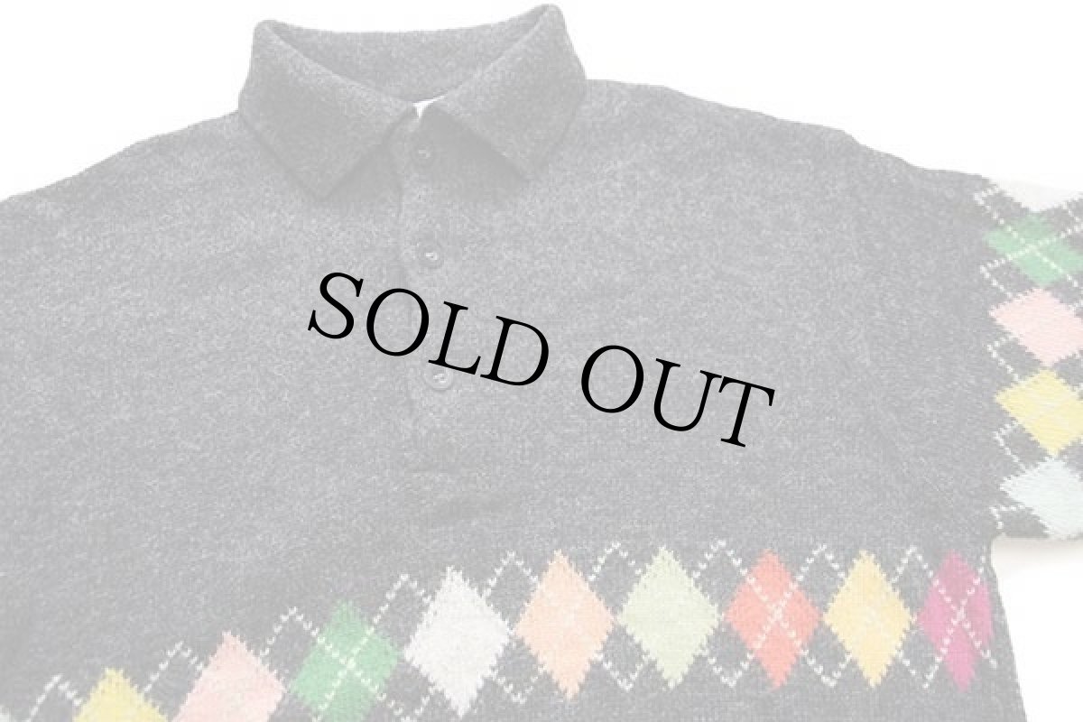 画像3: 90s イタリア製 BENETTONベネトン アーガイル柄 シェットランド ウールニット ポロシャツ チャコールグレー S★セーター (3)