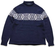 画像1: J.CREW ダイヤ柄 ロールネック ラムウールニット セーター 紺 M (1)