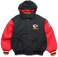 画像1: 90s PRO PLAYER NFL KANSAS CITY CHIEFS 刺繍 ツートン リバーシブル 中綿入り ナイロンパーカー 黒×赤 S (1)