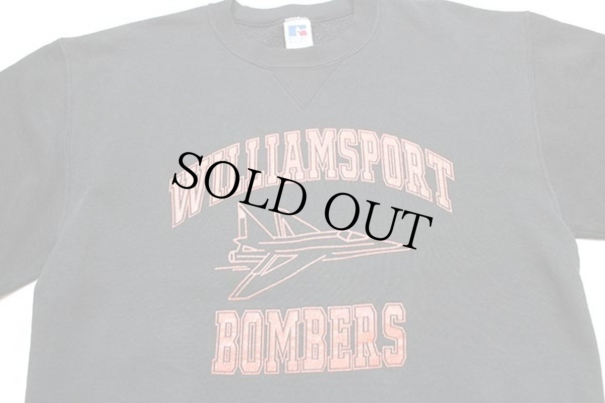 画像3: 90s USA製 RUSSELLラッセル WILLIAMSPORT BOMBERS 戦闘機 前V スウェット 黒 L (3)