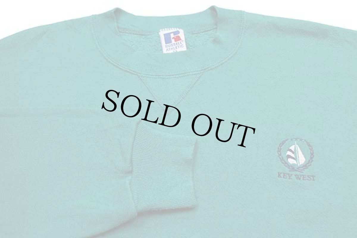 画像3: 90s USA製 RUSSELLラッセル KEY WEST ヨット 刺繍 前V スウェット エメラルドグリーン XL (3)