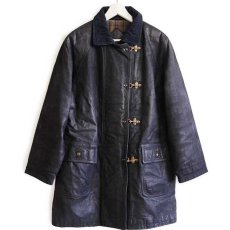 画像1: 90s イタリア製 conbipel タータンチェック ウール×カシミヤライナー ヌバック レザー ファイヤーマンコート 濃紺 46 (1)