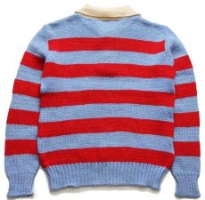 画像2: 80s カナダ製 CANKNIT 太ボーダー 襟付き ウールニット セーター 水色×赤 L (2)