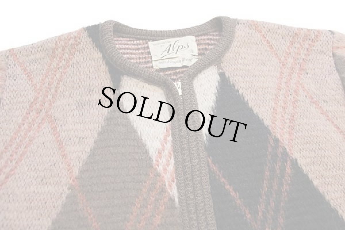 画像3: 60s Alps アーガイル柄 ジャガード ウールニット フルジップ セーター S (3)