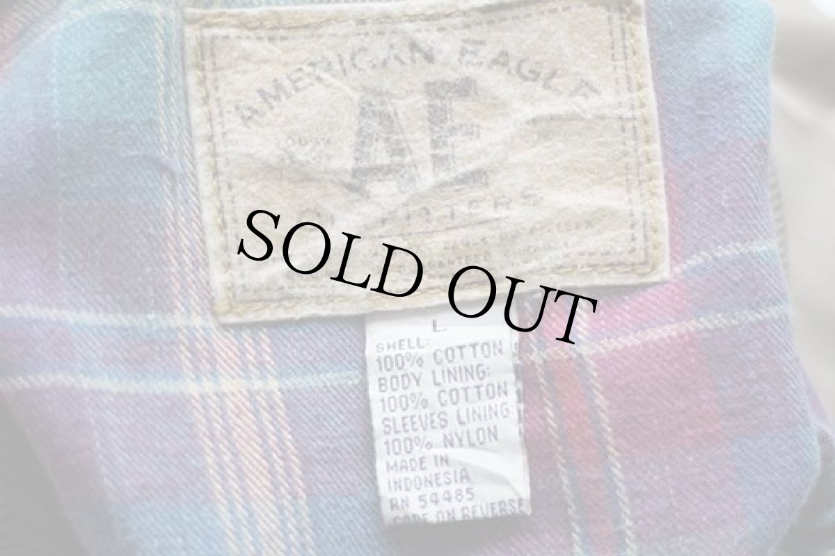 画像4: 00s AMERICAN EAGLEアメリカンイーグル タータンチェックライナー コットン キャンバス フィールドコート グレーブラウン L★ジャケット (4)