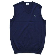 画像1: 00s LACOSTE ラコステ ワンポイント Vネック ウールニット ベスト セーター 紺 3 (1)