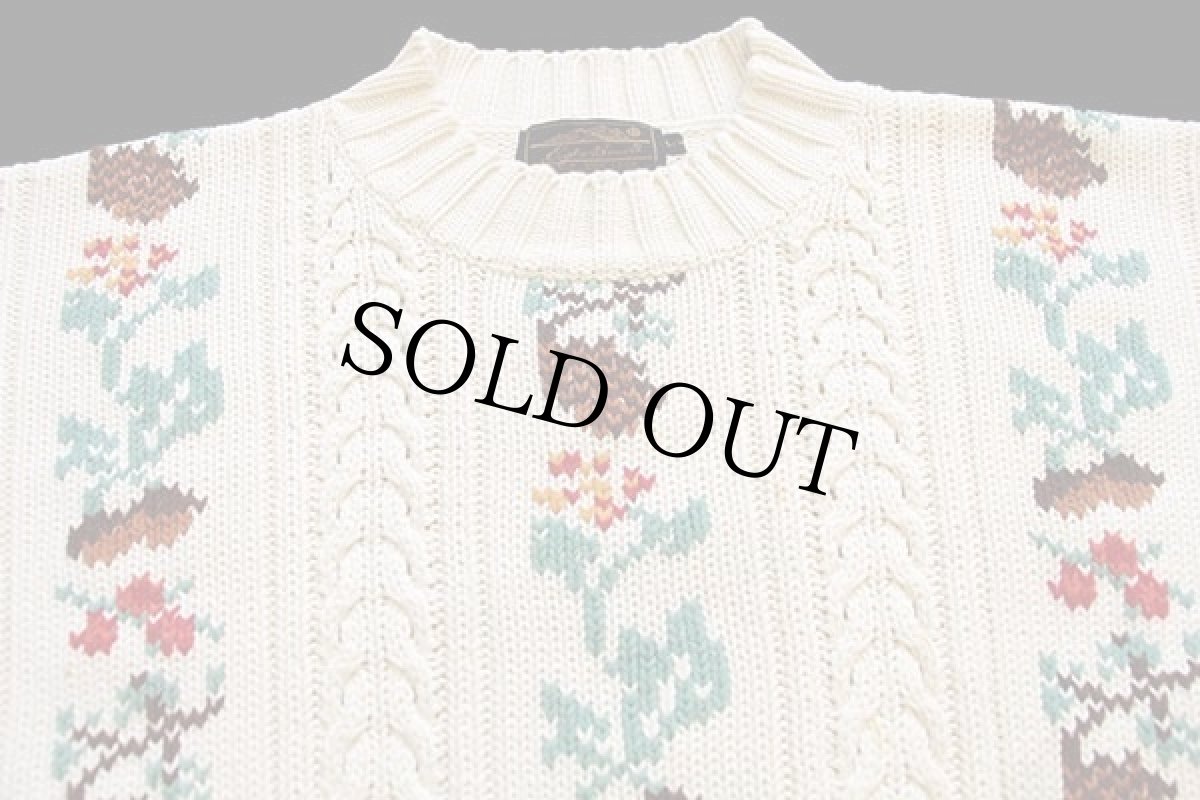 画像3: 80s EddieBauerエディーバウアー 花柄 モックネック ケーブル編み コットンニット セーター ナチュラル (3)