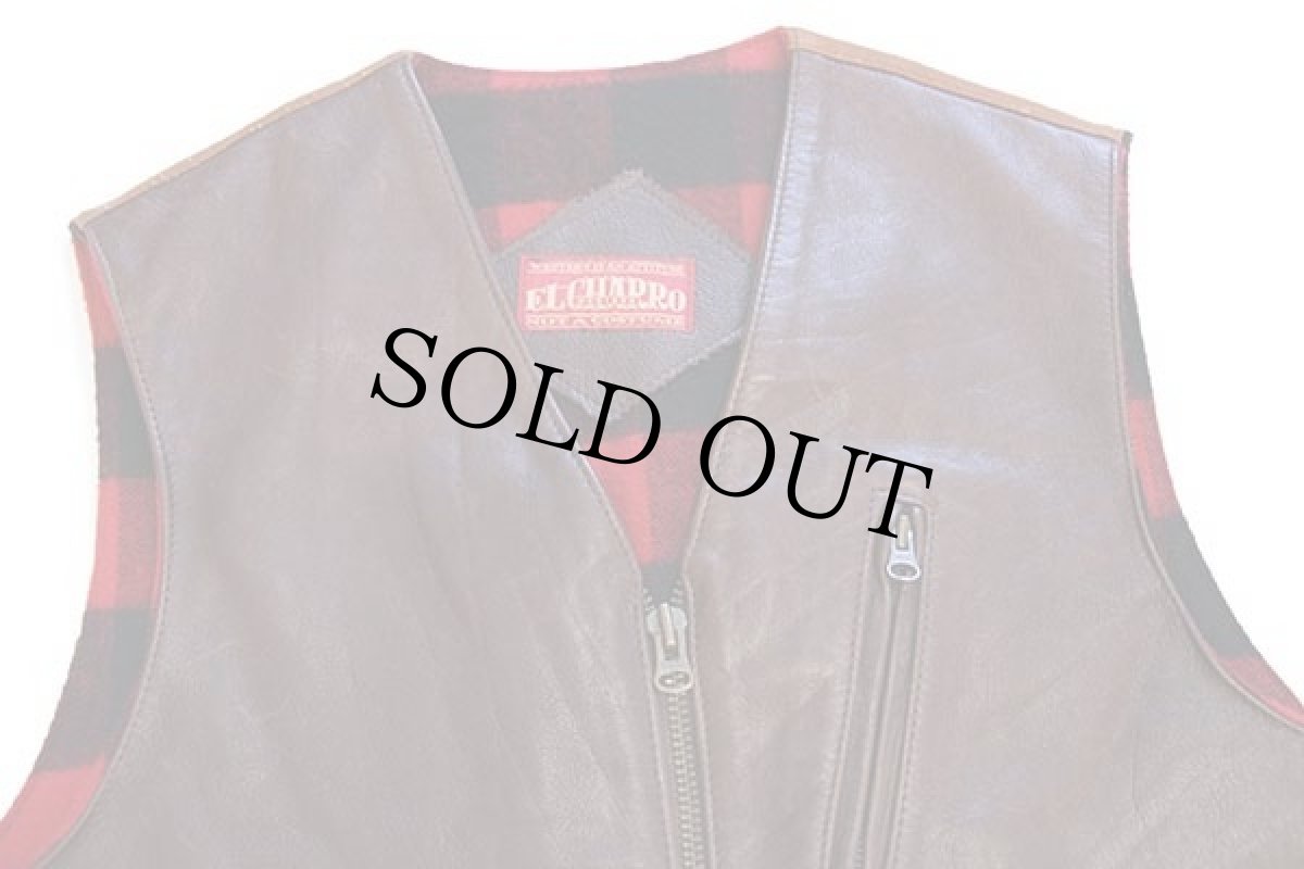 画像3: 90s EL CHARRO バッファローチェックライナー レザー 切り替え ベスト 焦げ茶 XL (3)