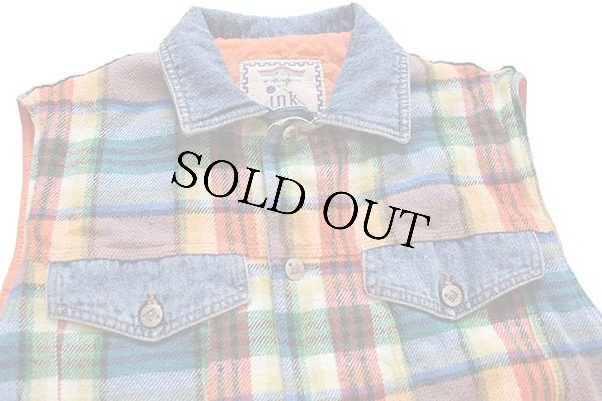画像3: 90s イタリア製 ink キルティングライナー マドラスチェック フランネル×デニムベスト 46 (3)