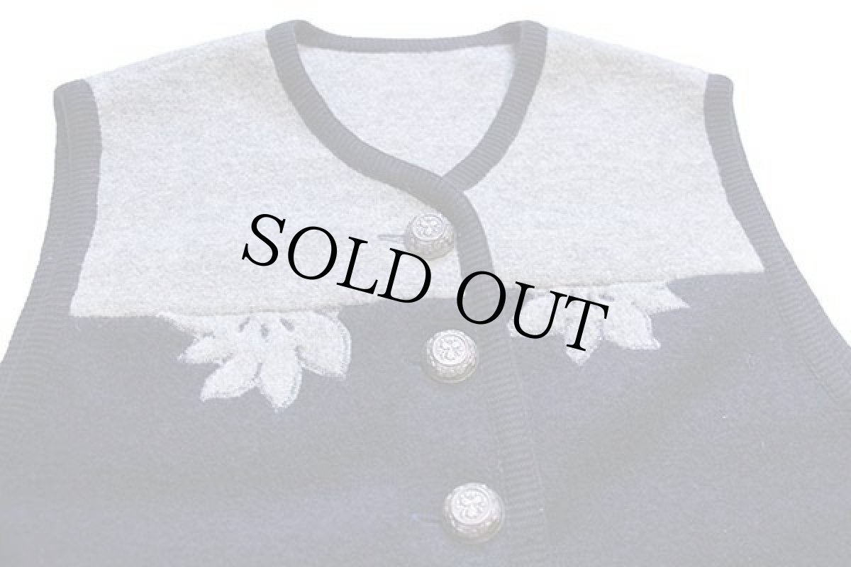 画像3: UNKNOWN 花柄 アップリケ ツートン ノーカラー チロリアン ボイルドウール ベスト 紺×グレー (3)