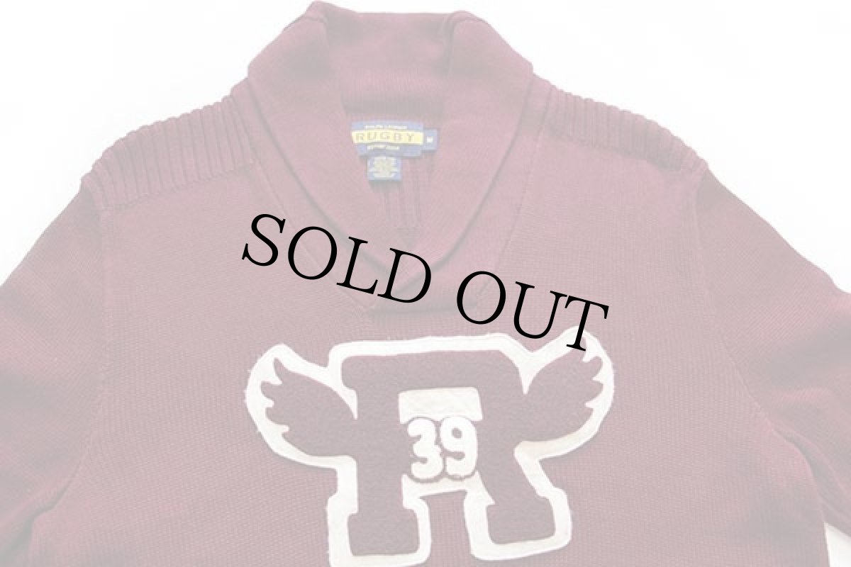 画像3: 00s RUGBY ラルフローレン パッチ付き パチポケ ショールカラー コットンニット レタードセーター バーガンディ M (3)