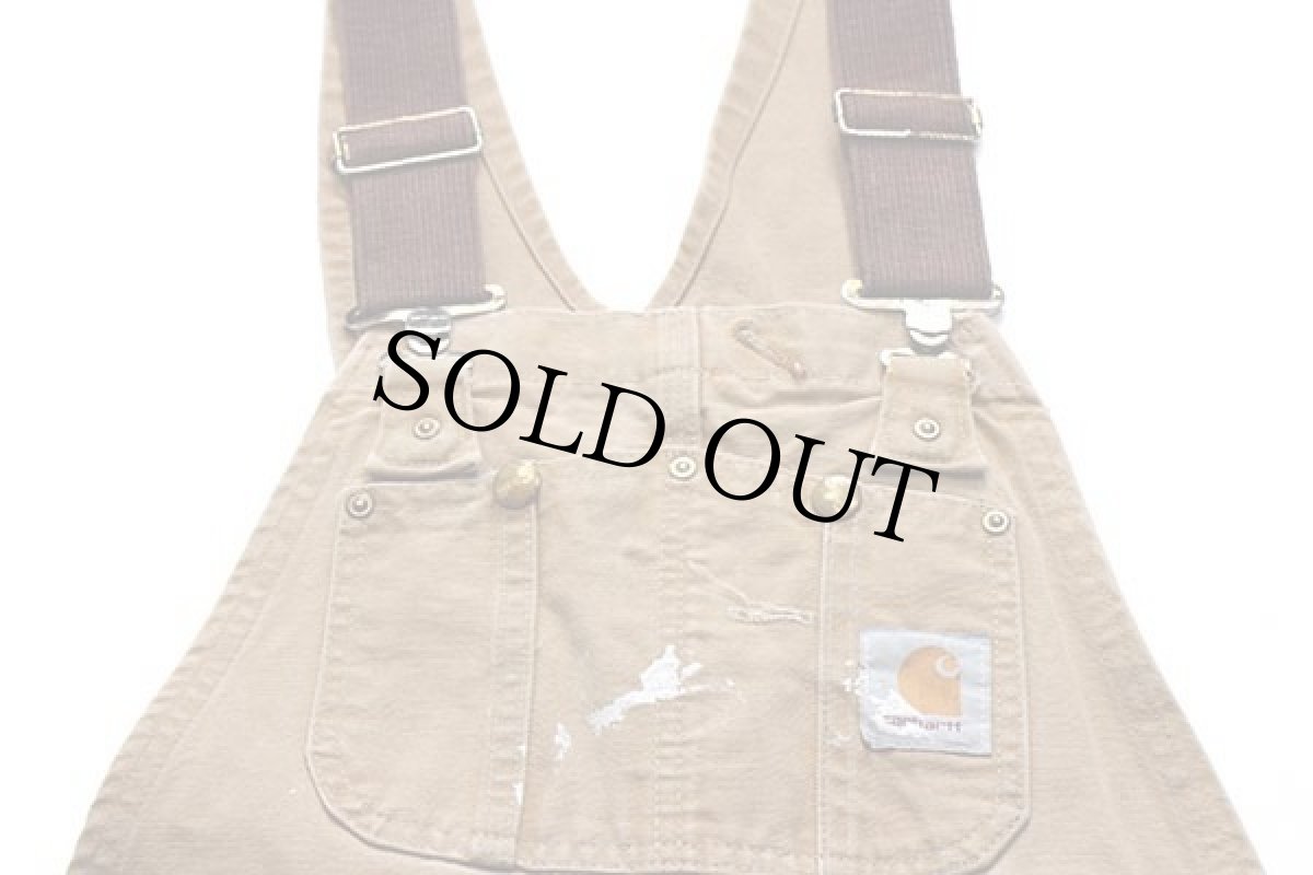 画像4: 80s USA製 carharttカーハート ダック地 ダブルニー オーバーオール ペンキ飛び 茶 w30 L32 (4)