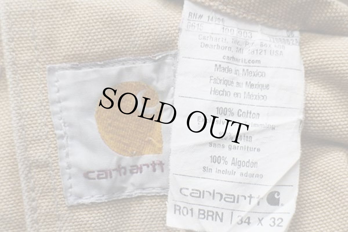 画像5: メキシコ製 carharttカーハート ダック地 ダブルニー オーバーオール ボロ 茶 w34 L32 (5)