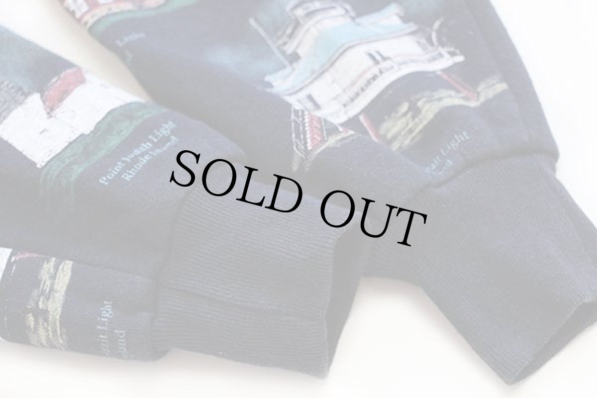 画像7: 90s USA製 ART UNLIMITED 灯台 総柄 アート レイヤードネック スウェット カーディガン 濃紺 M (7)