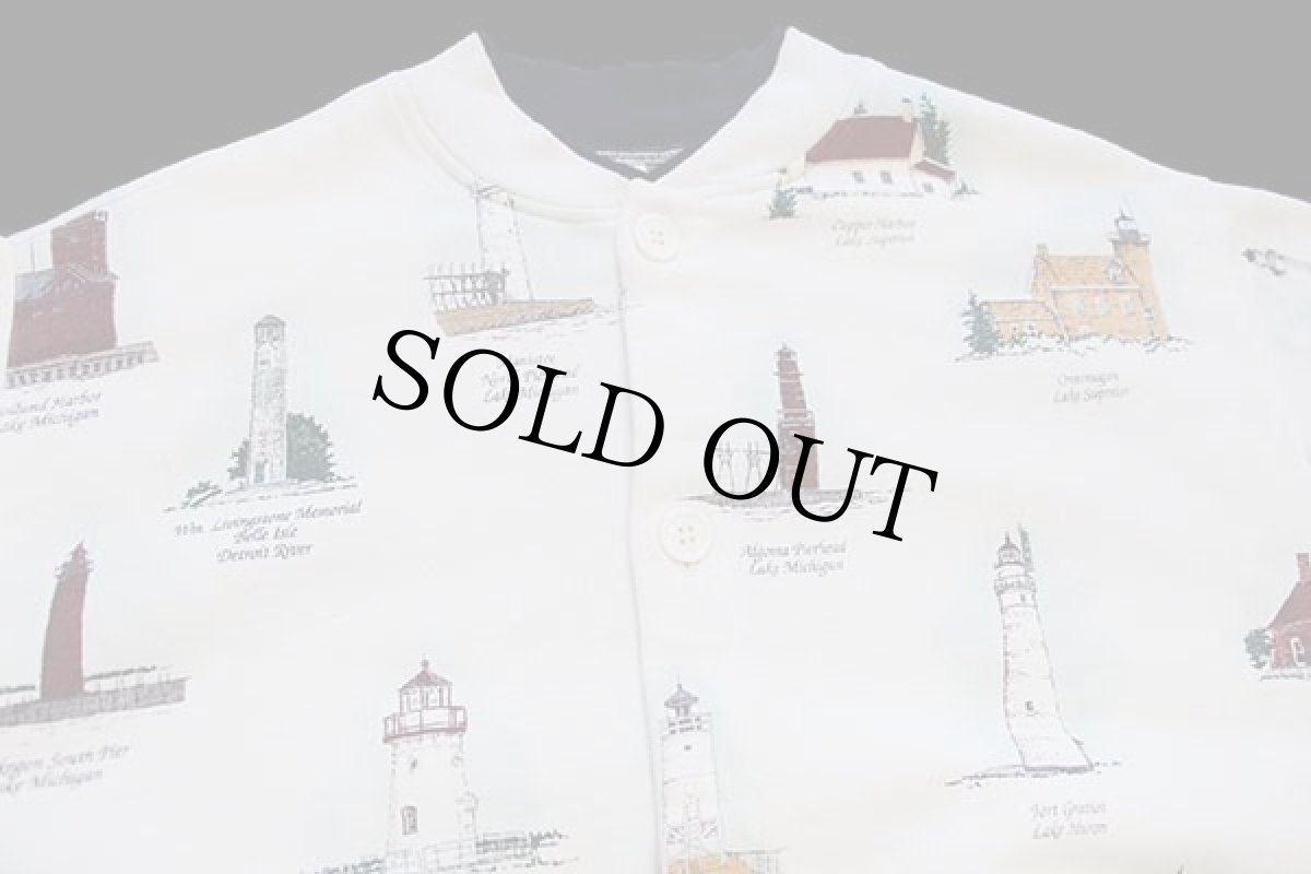 画像3: 90s USA製 ART UNLIMITED 灯台 総柄 アート レイヤードネック スウェット カーディガン アイボリー XL (3)