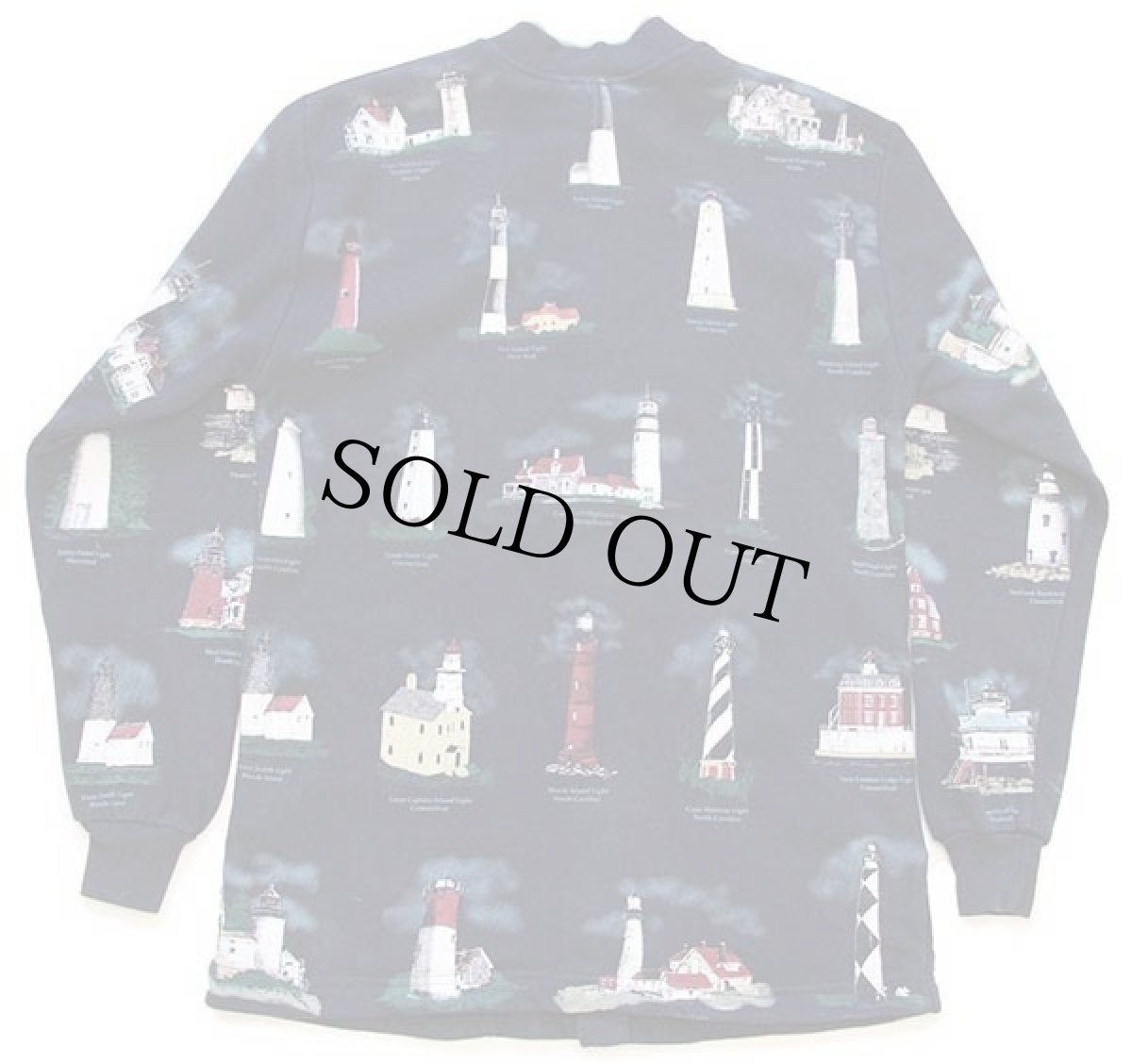 画像2: 90s USA製 ART UNLIMITED 灯台 総柄 アート レイヤードネック スウェット カーディガン 濃紺 M (2)