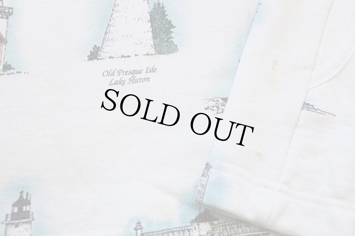 画像7: 90s USA製 ART UNLIMITED 灯台 総柄 アート レイヤードネック スウェット カーディガン アイボリー XL (7)