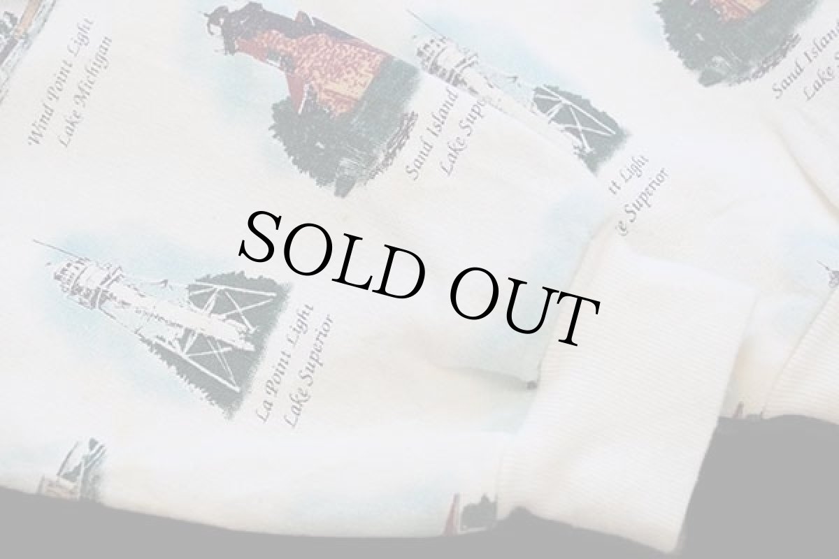 画像6: 90s USA製 ART UNLIMITED 灯台 総柄 アート レイヤードネック スウェット カーディガン アイボリー XL (6)