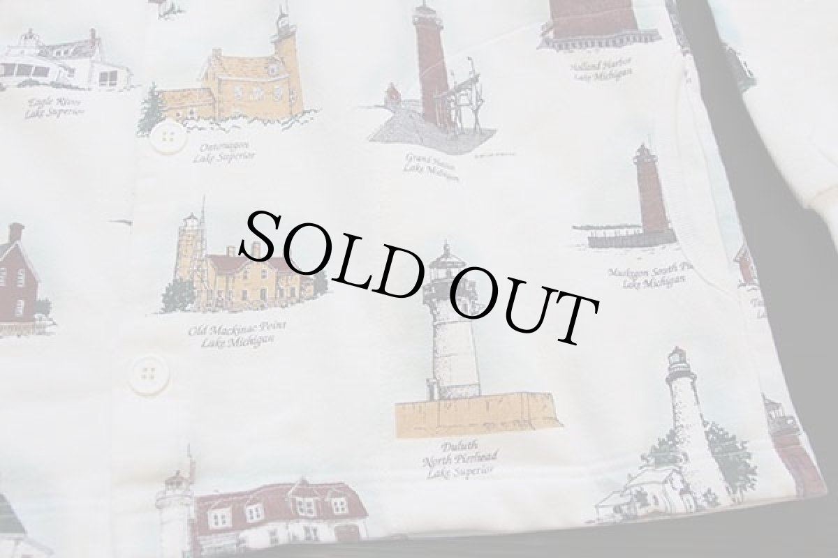 画像5: 90s USA製 ART UNLIMITED 灯台 総柄 アート レイヤードネック スウェット カーディガン アイボリー XL (5)