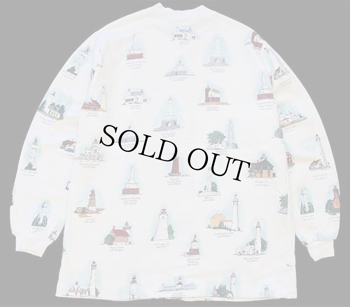 画像2: 90s USA製 ART UNLIMITED 灯台 総柄 アート レイヤードネック スウェット カーディガン アイボリー XL (2)