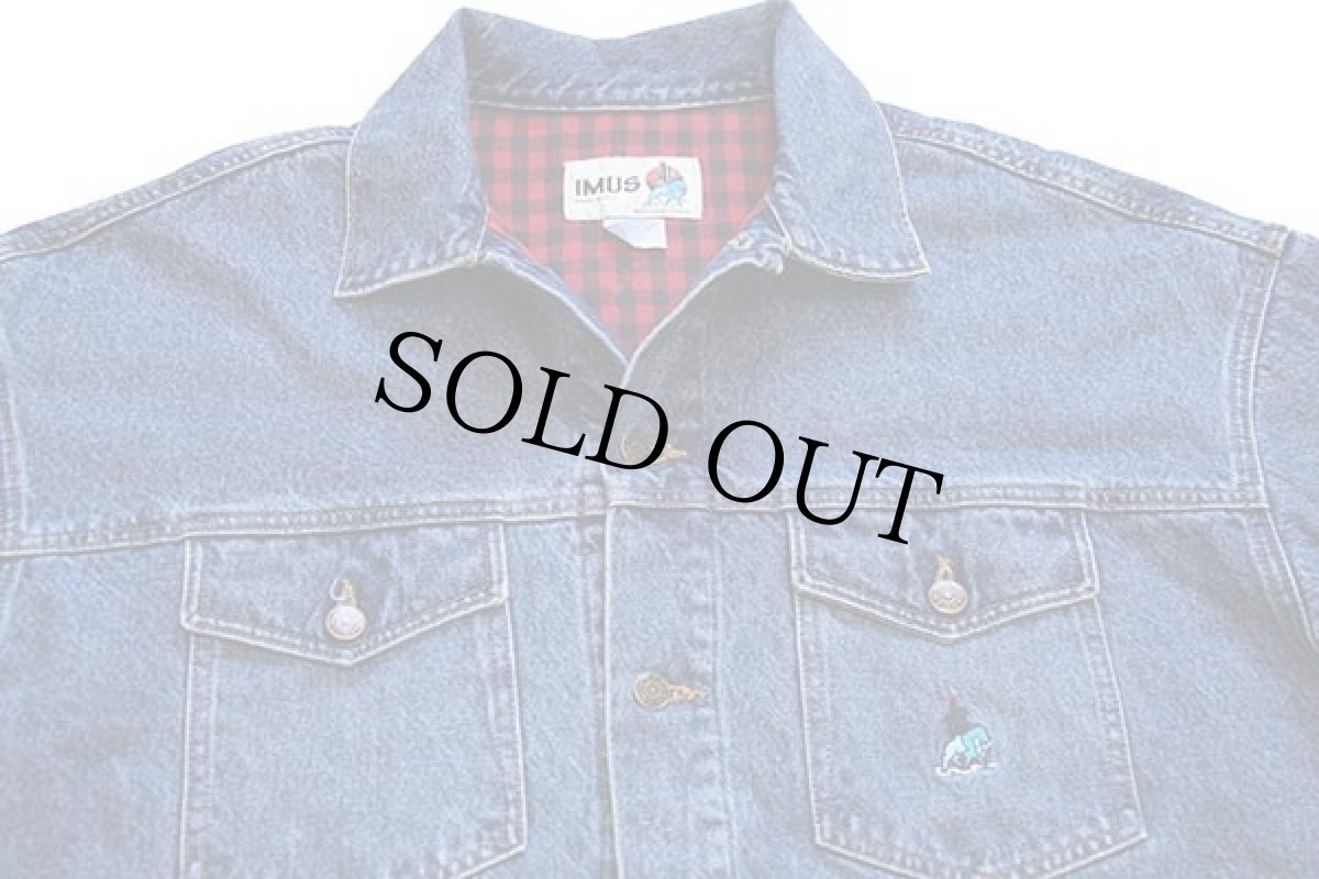 画像4: 90s USA製 IMUS Four Corners刺繍 チェックライナー デニムジャケット 4ポケット★特大 (4)