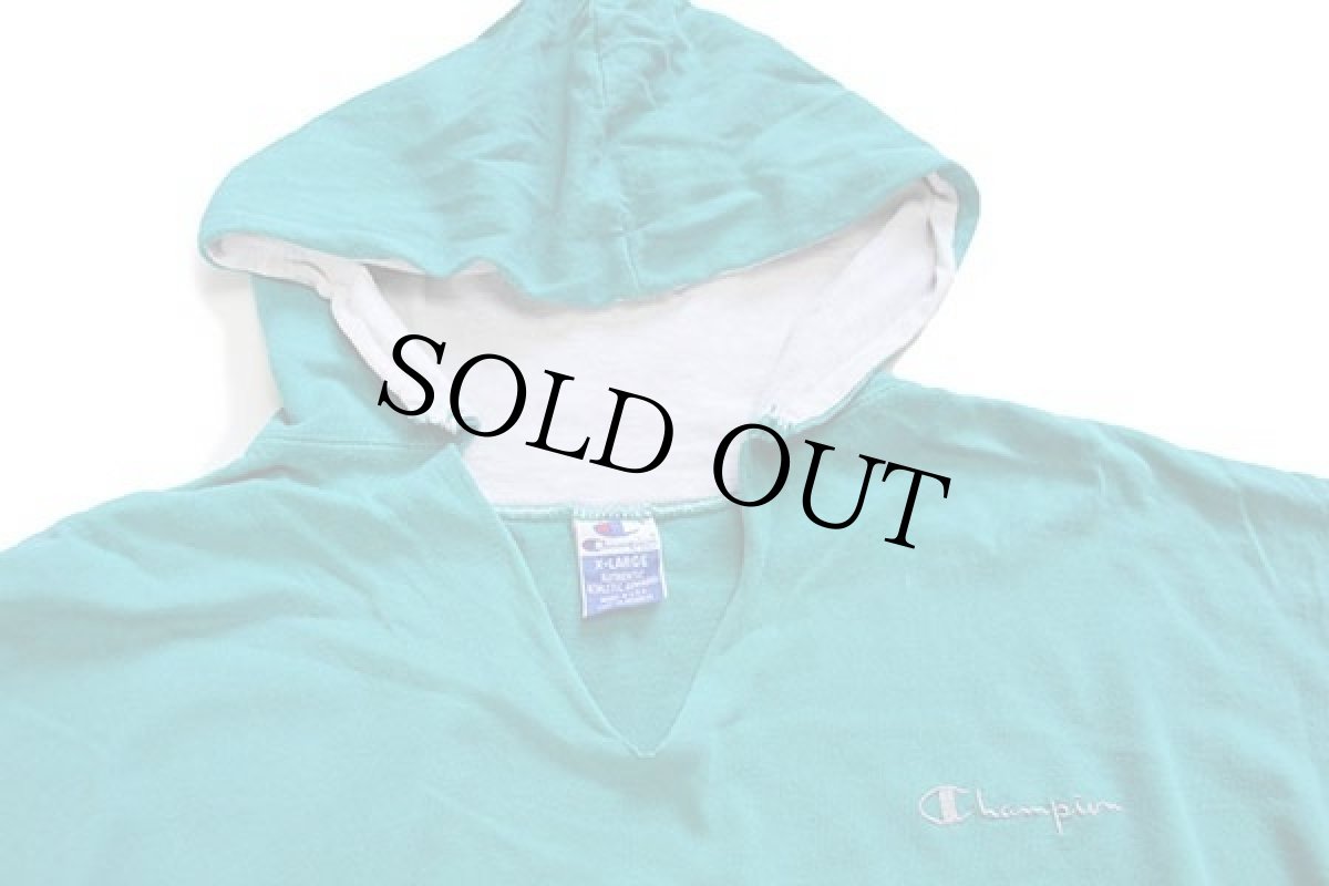 画像3: 90s USA製 Championチャンピオン バイカラー スクリプト ロゴ刺繍 カットソー パーカー エメラルドグリーン×紫 XL (3)