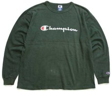 画像1: 90s USA製 Championチャンピオン スクリプト ビッグロゴ ひび割れプリント コットン 長袖Tシャツ 緑 L (1)