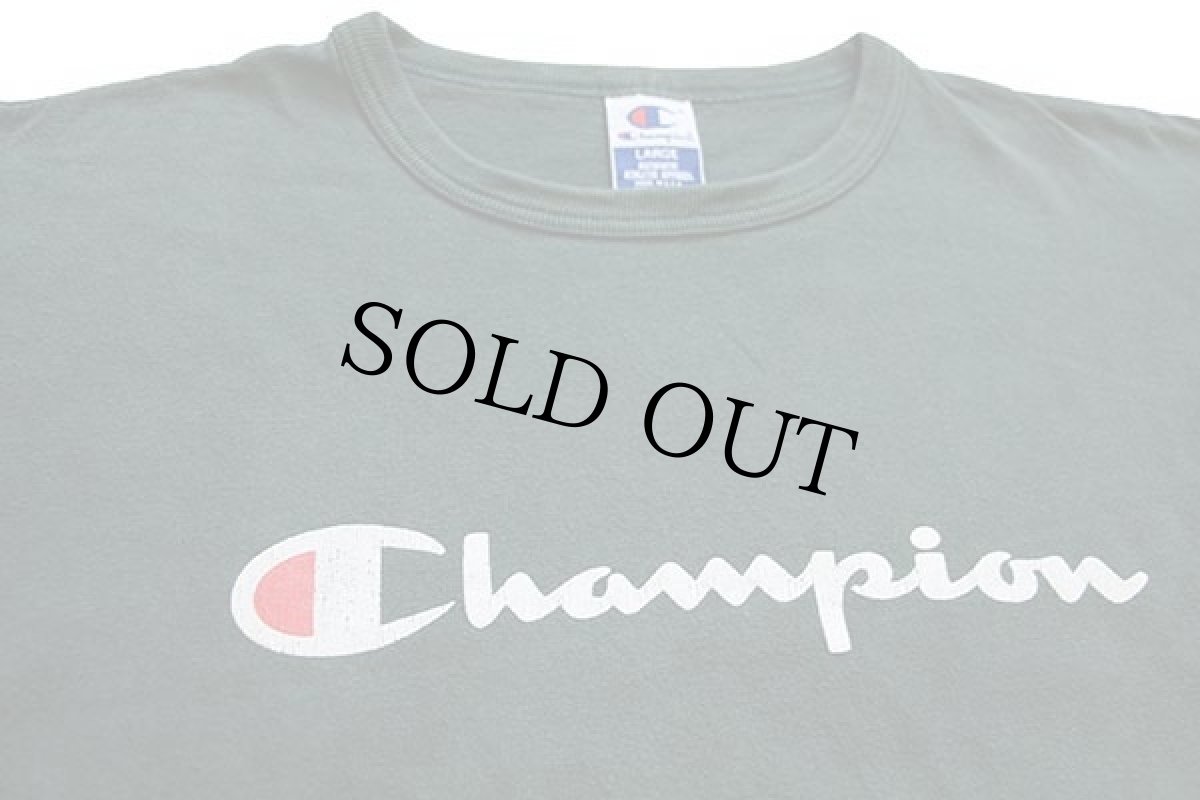 画像3: 90s USA製 Championチャンピオン スクリプト ビッグロゴ ひび割れプリント コットン 長袖Tシャツ 緑 L (3)