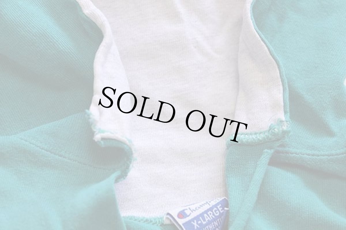 画像5: 90s USA製 Championチャンピオン バイカラー スクリプト ロゴ刺繍 カットソー パーカー エメラルドグリーン×紫 XL (5)