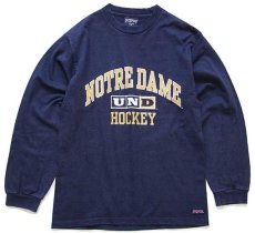 画像1: 90s USA製 JANSPORTジャンスポーツ NOTRE DAME HOCKEY コットン 長袖Tシャツ 紺 S (1)