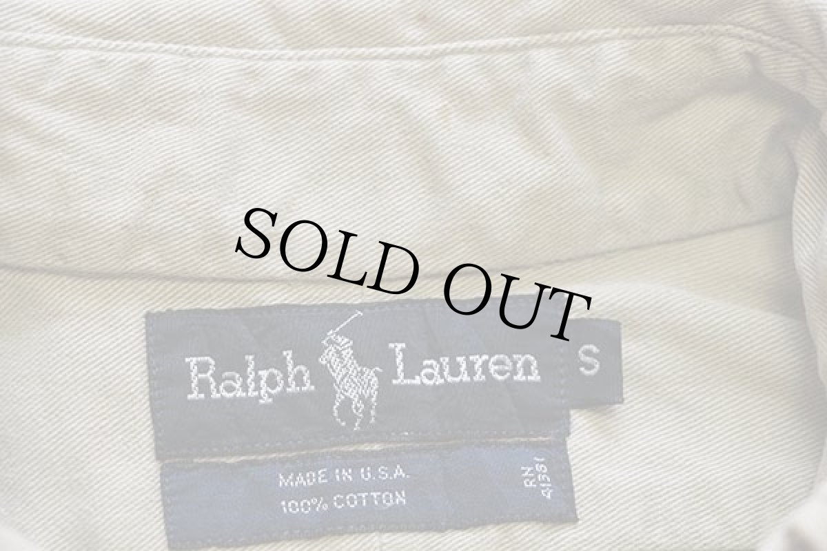 画像4: 90s USA製 ラルフローレン ワンポイント ボタンダウン コットンツイルシャツ カーキ S (4)