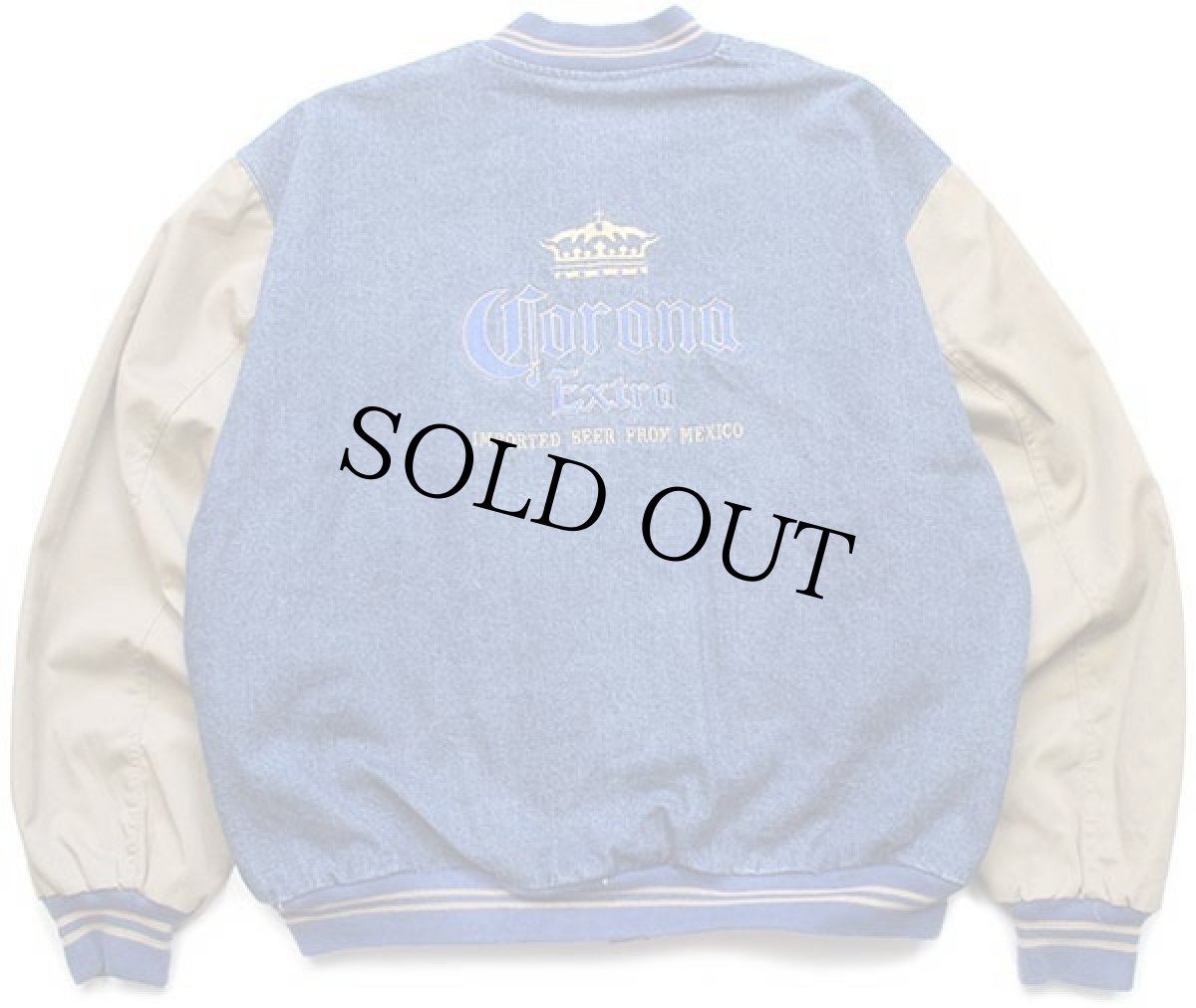 画像2: 90s メキシコ製 Corona BEER ロゴ刺繍 ツートン ストライプライナー コットン×デニムスタジャン L (2)