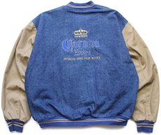 画像2: 90s メキシコ製 Corona BEER ロゴ刺繍 ツートン ストライプライナー コットン×デニムスタジャン L (2)