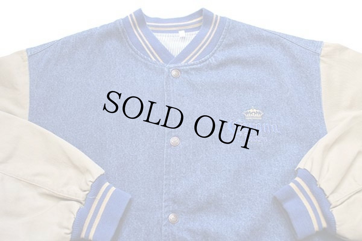 画像3: 90s メキシコ製 Corona BEER ロゴ刺繍 ツートン ストライプライナー コットン×デニムスタジャン L (3)