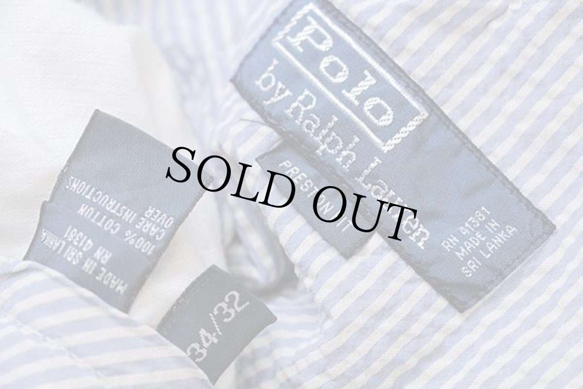 画像6: 00s ポロ ラルフローレン 381 BLEECKER PRESTON FIT ストライプ スラックス コットン シアサッカーパンツ サックス×ホワイト w34 L32 (6)