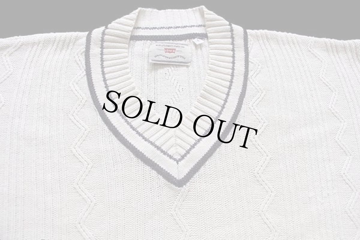 画像3: 90s Levi'sリーバイス ジグザグ 編み柄 Vネック コットンニット チルデンセーター オフホワイト L★ユーロ (3)