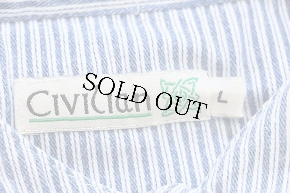 画像4: CIVILIAN バンドカラー ランダムストライプ コットン グランパシャツ 紺×白 L (4)