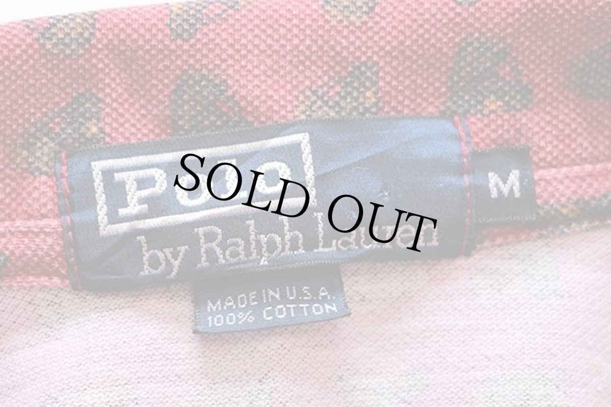 画像4: 90s USA製 ポロ ラルフローレン 馬 総柄 コットン 鹿の子 長袖ポロシャツ 濃赤 M (4)