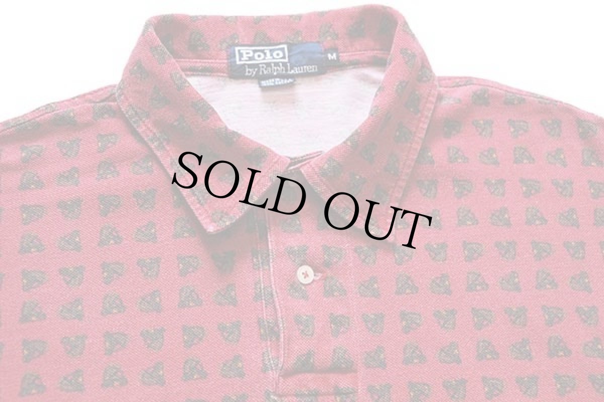 画像3: 90s USA製 ポロ ラルフローレン 馬 総柄 コットン 鹿の子 長袖ポロシャツ 濃赤 M (3)