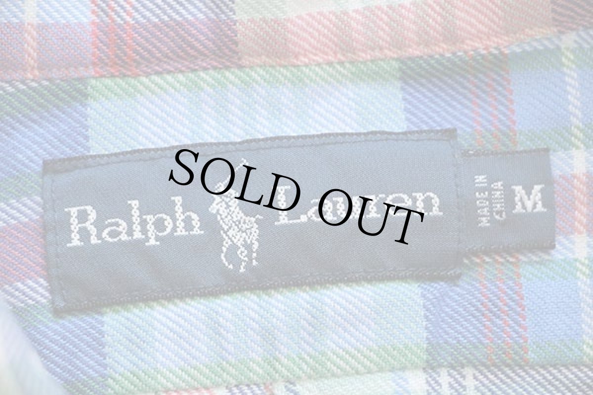 画像5: ラルフローレン マドラスチェック ポケット付き 三点留め ボタンダウン コットンシャツ M (5)