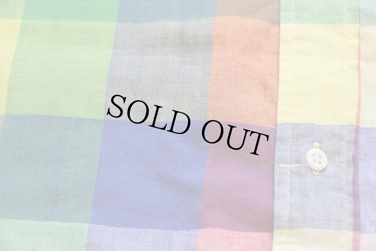 画像5: 70s USA製 Albert Ltd クレイジーカラー ブロックチェック ボタンダウン コットンシャツ M★インド綿 (5)