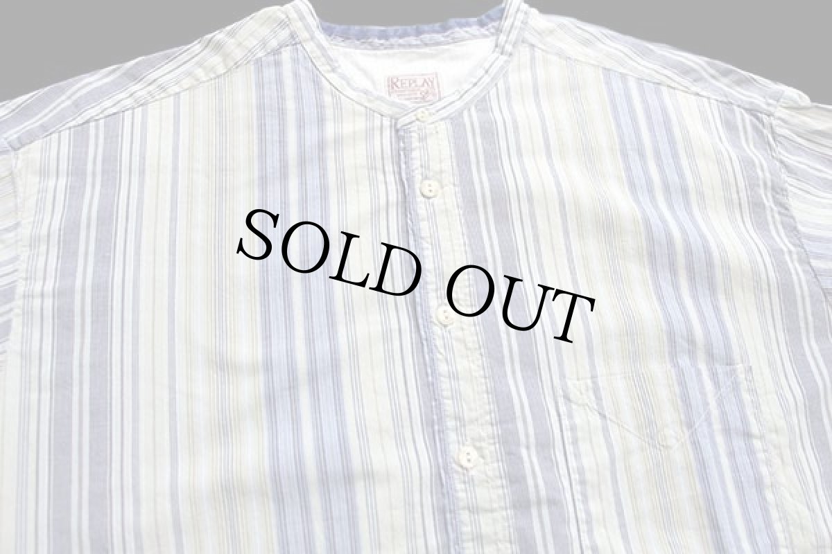 画像3: イタリア製 REPLAYリプレイ クレイジーストライプ バンドカラー コットンシャツ XL (3)