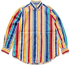 画像1: 90s ルーマニア製 Blue Family BENETTONベネトン クレイジーストライプ ボタンダウン コットンシャツ (1)