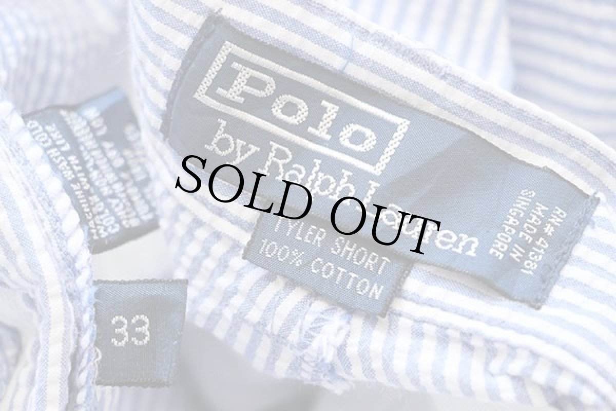 画像5: 90s ポロ ラルフローレン TYLER SHORT ツータック コットン シアサッカー ショートパンツ サックス×ホワイト 33★ショーツ (5)